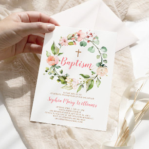Fille Baptême Pink Wreath Blush Invitation