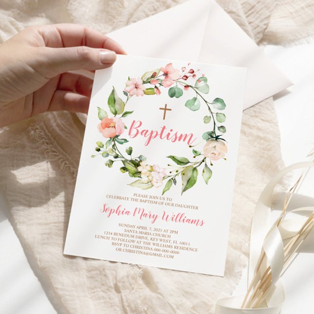 Fille Baptême Pink Wreath Blush Invitation (Créateur téléchargé)