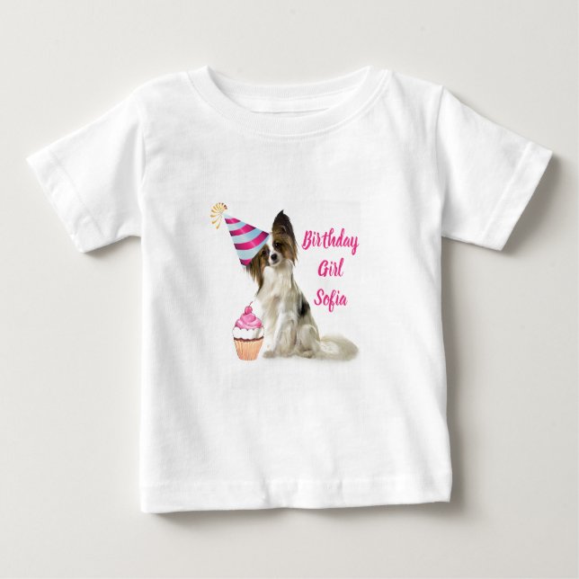 Fille bébé avec T-shirt Chien Papillon (Devant)