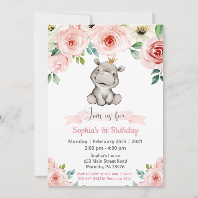 Fille bébé Hippo Anniversaire Fête Invitation (Devant)