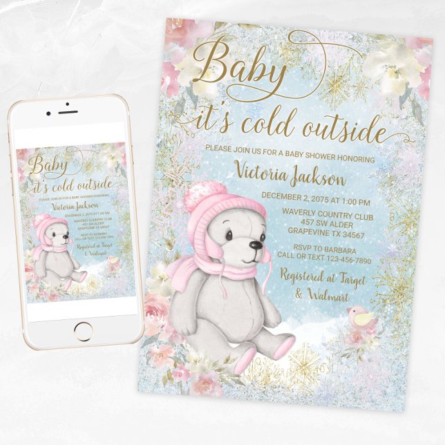 Fille Bébé Il fait froid dehors Invitation à la Ba (Girl winter bear baby shower invitation. Girl winter wonderland baby shower invitation. )