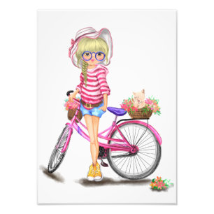 Fille blonde avec impression photo de vélo rose