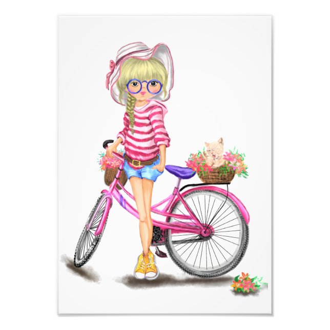 Fille blonde avec impression photo de vélo rose (Devant)