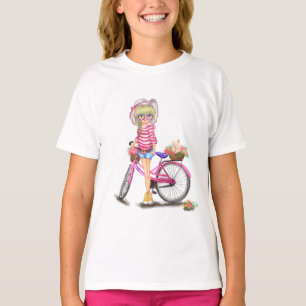 Fille blonde avec T-shirt Filles vélo rose