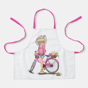 Fille blonde avec tablier de vélo rose Cadeau