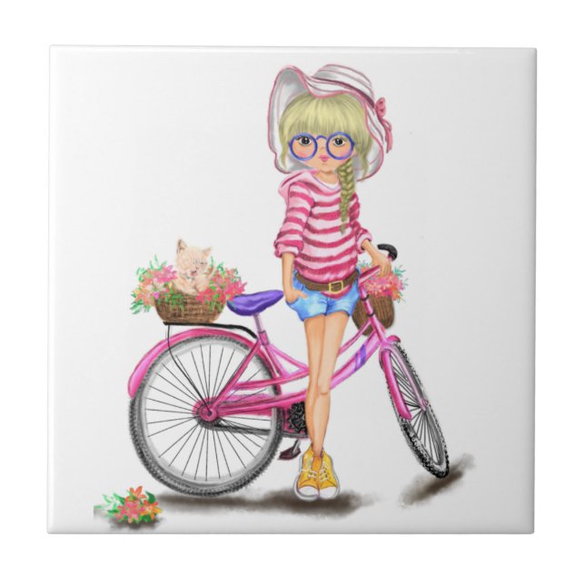 Fille blonde carreau de bicyclette rose (Devant)