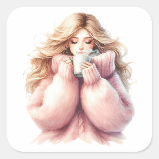 Fille Blonde Douillette – Autocollant Hiver Aquare