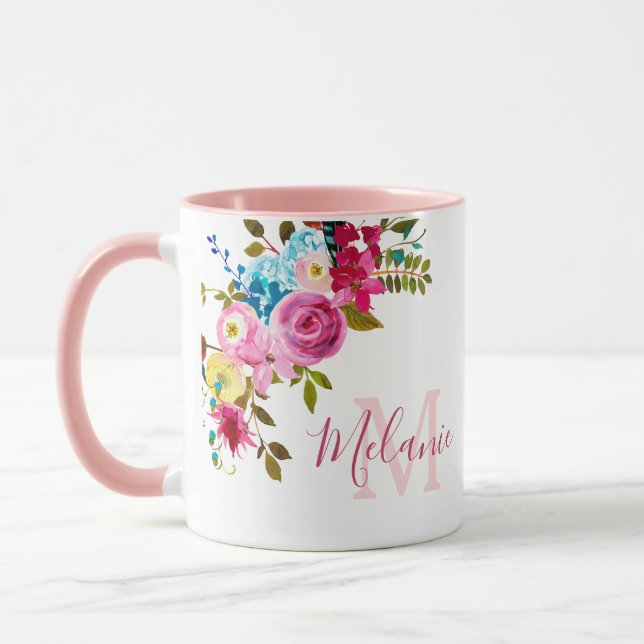 Fille Blush rose Roses Nom Monogramme Mug (Gauche)