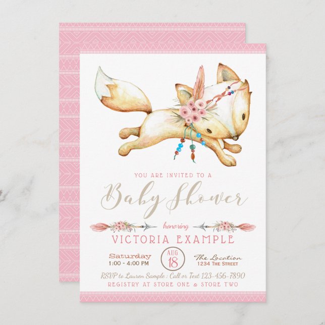 Fille Boho Fox Baby Shower Invitations (Devant / Derrière)