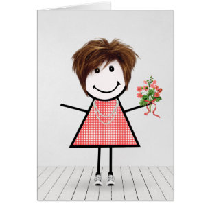Fille bonhomme allumette avec bouquet d'anniversai
