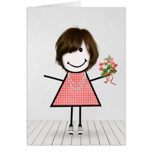 Fille bonhomme allumette avec bouquet d'anniversai