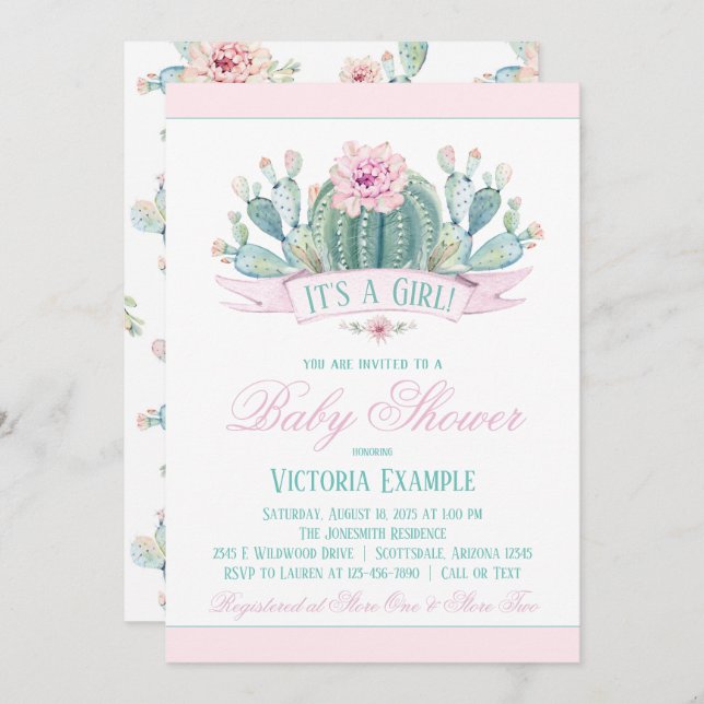 Fille Cactus Baby Shower Invitations (Devant / Derrière)