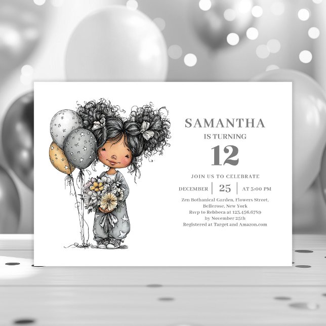 Fille Capricieuse et Fantaisiste Invitation d'anni (Quirky Whimsy Girl 10th Birthday Black Gold invitation)