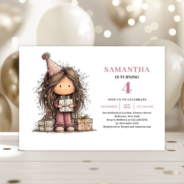 Fille Capricieuse Invitation Anniversaire 4 Ans Ki (Whimsical Girl 4th Birthday Invitation Pink Kit)