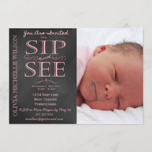 Fille Chalkboard photo Sip and See Invitation