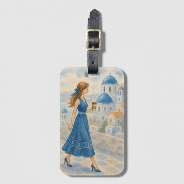 Fille Chic à Santorin Grèce Étiquette de Bagage (Devant Vertical)