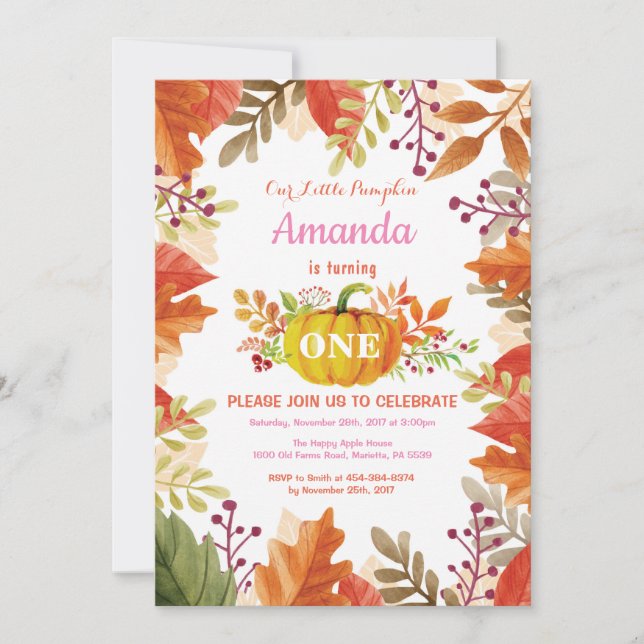 Fille Citrouille automne Invitation d'anniversaire (Devant)