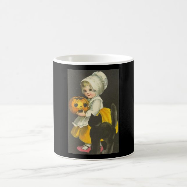 Fille Citrouille Chat Halloween Vintage thème Mug (Centre)