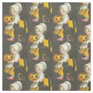 Fille, Citrouille, Chat noir, tissu d'Halloween Vi