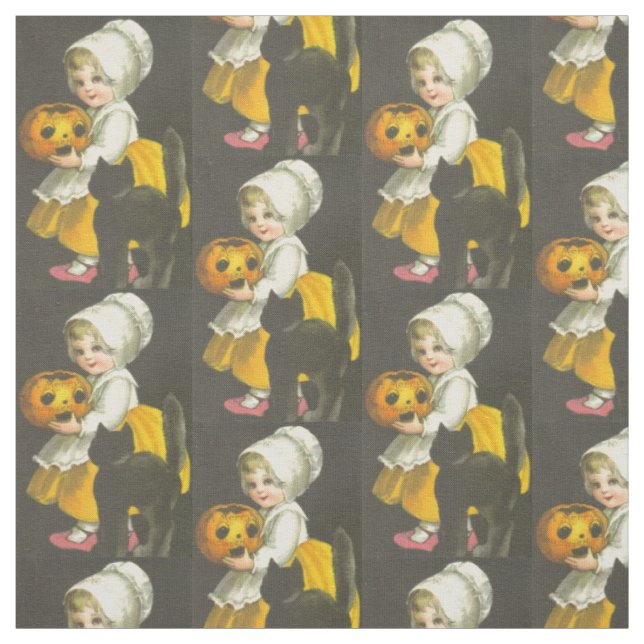 Fille, Citrouille, Chat noir, tissu d'Halloween Vi (Échantillon)
