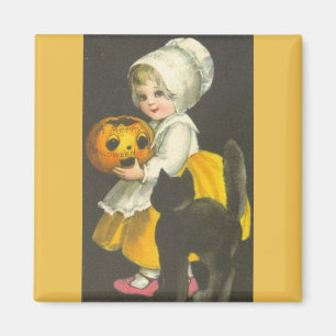 Fille Citrouille Chat noir Vintage Aimant d'Hallow