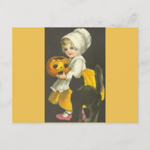 Fille Citrouille Chat noir Vintage Halloween Carte