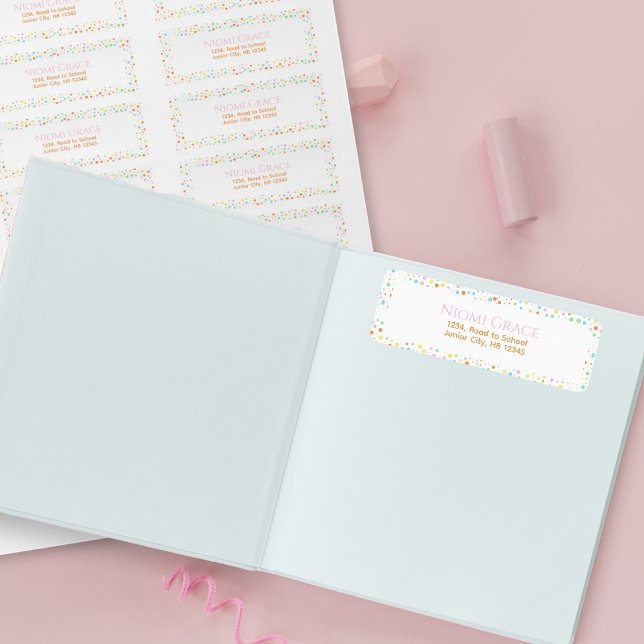 Fille Confetti Dot Nom personnalisé Étiquettes (Colorful Dot Pattern Back to School Name Label)