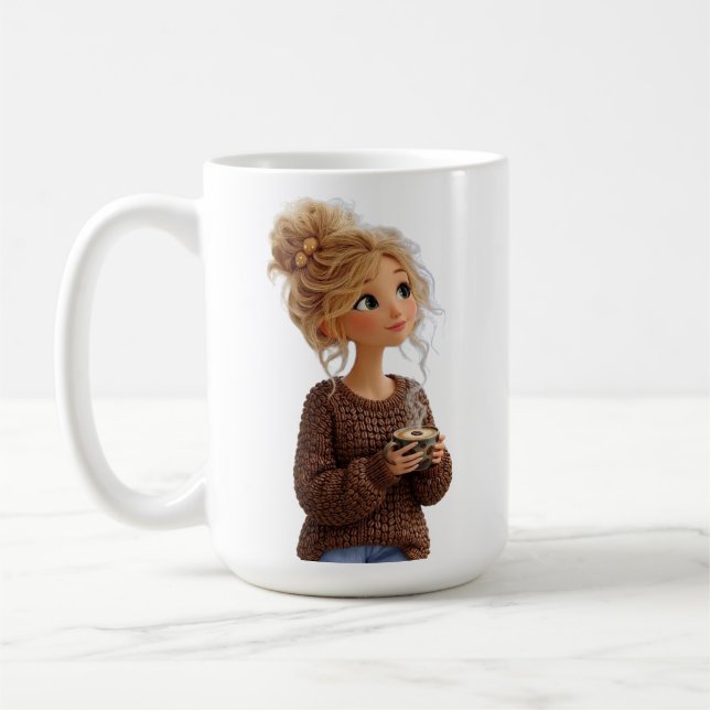 Fille Confortable dans un Mug Sweat à Café en Grai (Gauche)