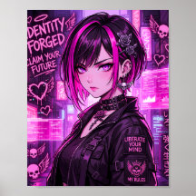 Fille d'anime Cyberpunk Néon Affiche "Identité For