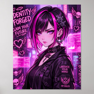Fille d'anime Cyberpunk Néon Affiche "Identité For