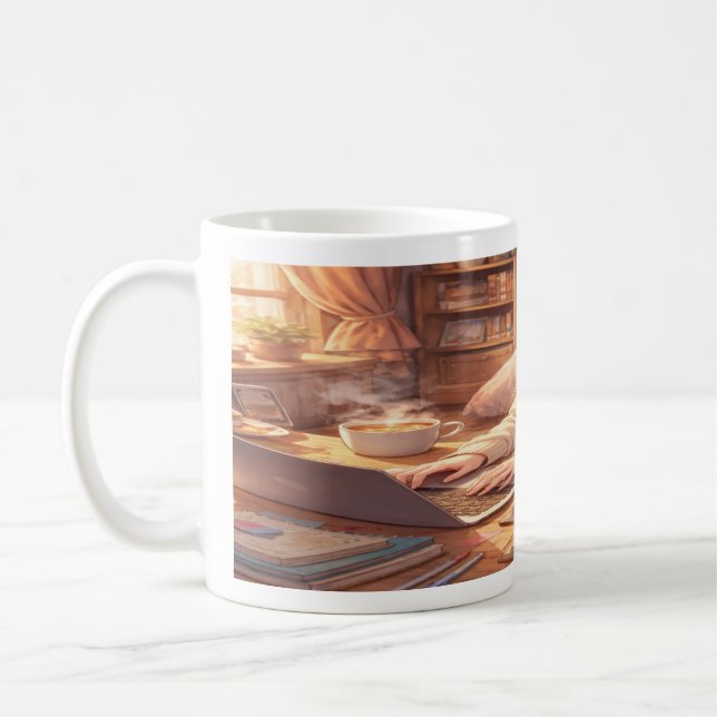 Fille d'anime Lofi étudiant avec un café Tasse env (Gauche)