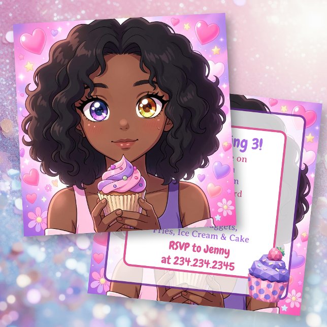 Fille d'anime rose et violet et invitation d'anniv (Créateur téléchargé)