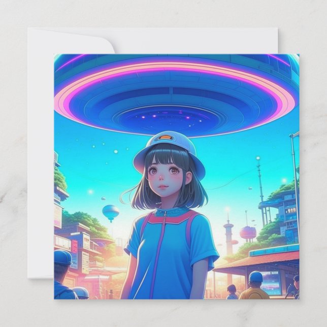 Fille d'anime sous un OVNI dans la ville (Devant)