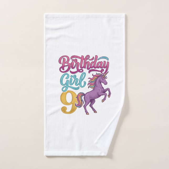 Fille d'anniversaire 9 Licorne Dessin de gravure v (Serviette à main)