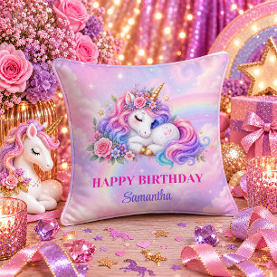 Fille d'anniversaire Licorne Coussin Jeté Coloré P