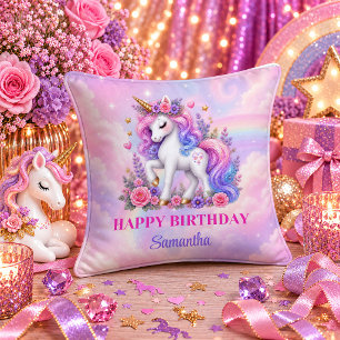 Fille d'anniversaire licorne kawaii oreiller rose