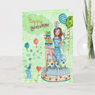 Fille de ballons d'anniversaire Gâteau   Carte d'a