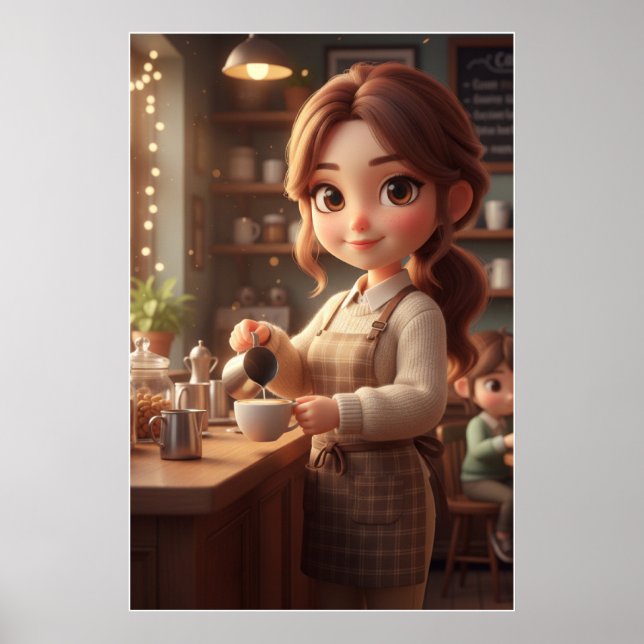 Fille de Café Cosy – Affiche d'Art au Café Chaud (Devant)