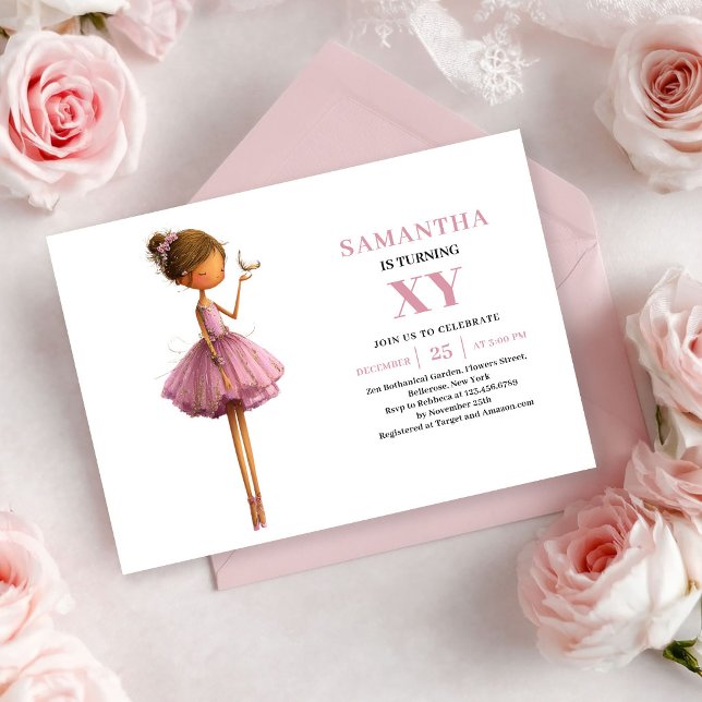 Fille de fée fantaisiste Invitations d'anniversair (Whimsical Fairy Girl Birthday Dusty Pink invitation)