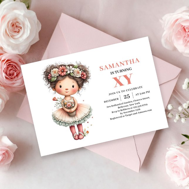 Fille de Fée Mignonne 9e Anniversaire Invitations  (Cute Fairy Girl 9th Birthday Pastel Pink invitation)