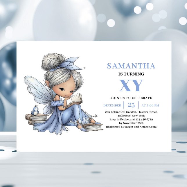 Fille de la Fée Bleue Fantaisiste Invitation Migno (Whimsical Blue Fairy Girl 5th Birthday Cute invitation)