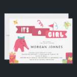 Fille de la fête des éléphants | Invitation Baby s<br><div class="desc">Jolie invitation de baby shower d'éléphant présente de jolies illustrations avec ballons et rubans, et votre script personnalisé en police spéciale "C'est une fille". Les couleurs sont ajustées en conséquence en orange, rouge et turquoise. Toutes les informations sont personnalisables avec un clic du bouton et vous avez une invitation très...</div>