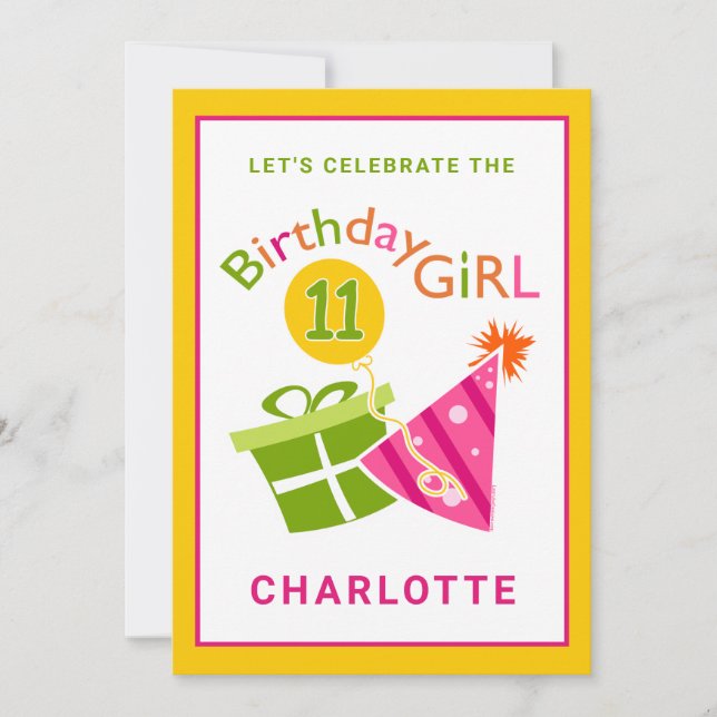 Fille de la fête rose 11e Invitation anniversaire (Devant)