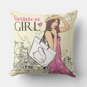 Fille de mode avec oreiller jeté sac
