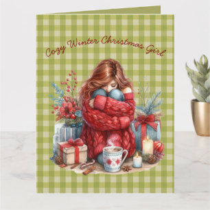 Fille de Noël d'hiver cosy vert olive Carte de vœu