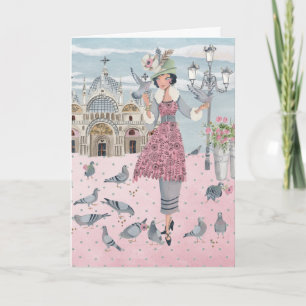 Fille de pigeons dans la carte de voeux de Venise