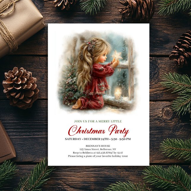 Fille de scène de Noël lumineuse Invitation de vac (Bright Christmas Scene Girl Rustic Holiday Invite

)
