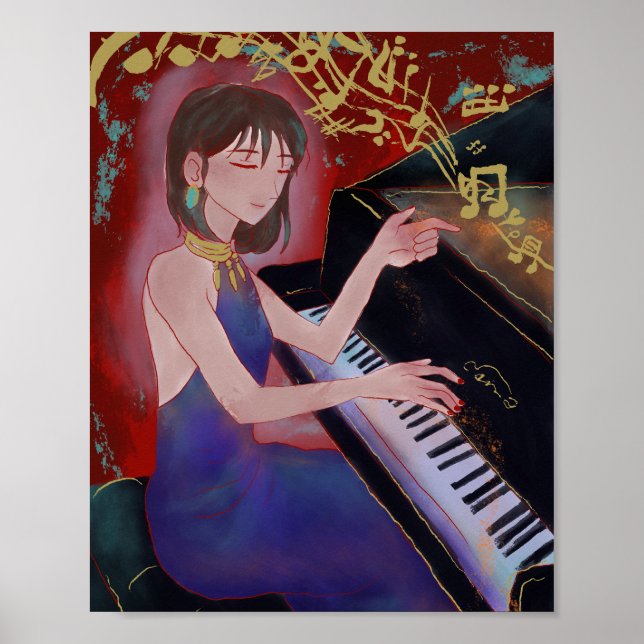 Fille de style Anime jouant du piano Poster  (Devant)