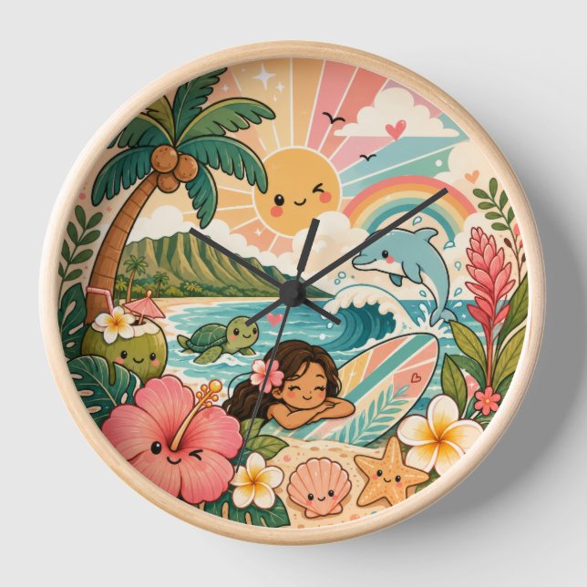 Fille de surf Hawaï Kawaii horloge tropicale migno (Recto)