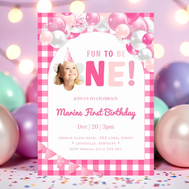 Fille de un an rose invitation anniversaire  (Créateur téléchargé)